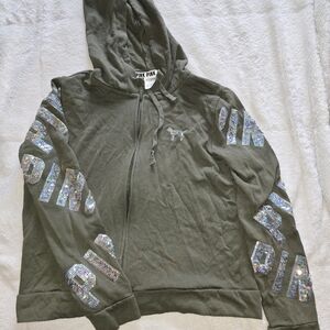 VS PINK - Sequined Zippered Sweater - Olive Green - Size Large